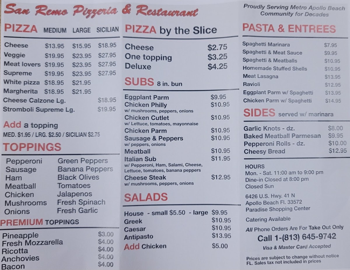San REMO Pizza Restaurant Menu - Image 1